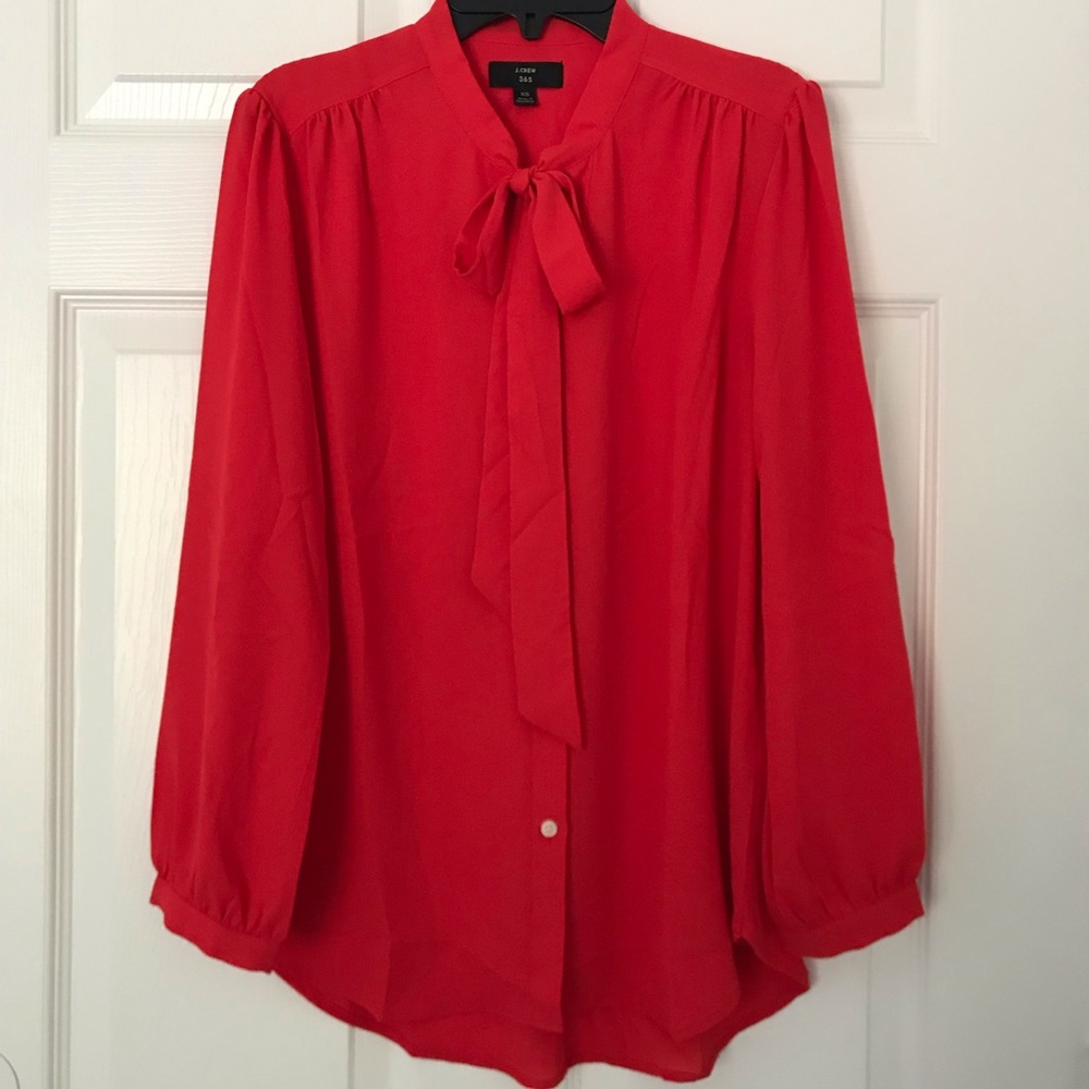 NWOT J. Crew Red Bow Tie Button Up Blouse XS - Picture 3 of 9
